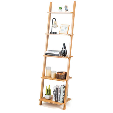 5-Tier Ladder Shelf Bookshelf, 65"H Bamboo Wall-Leaning Bookcase