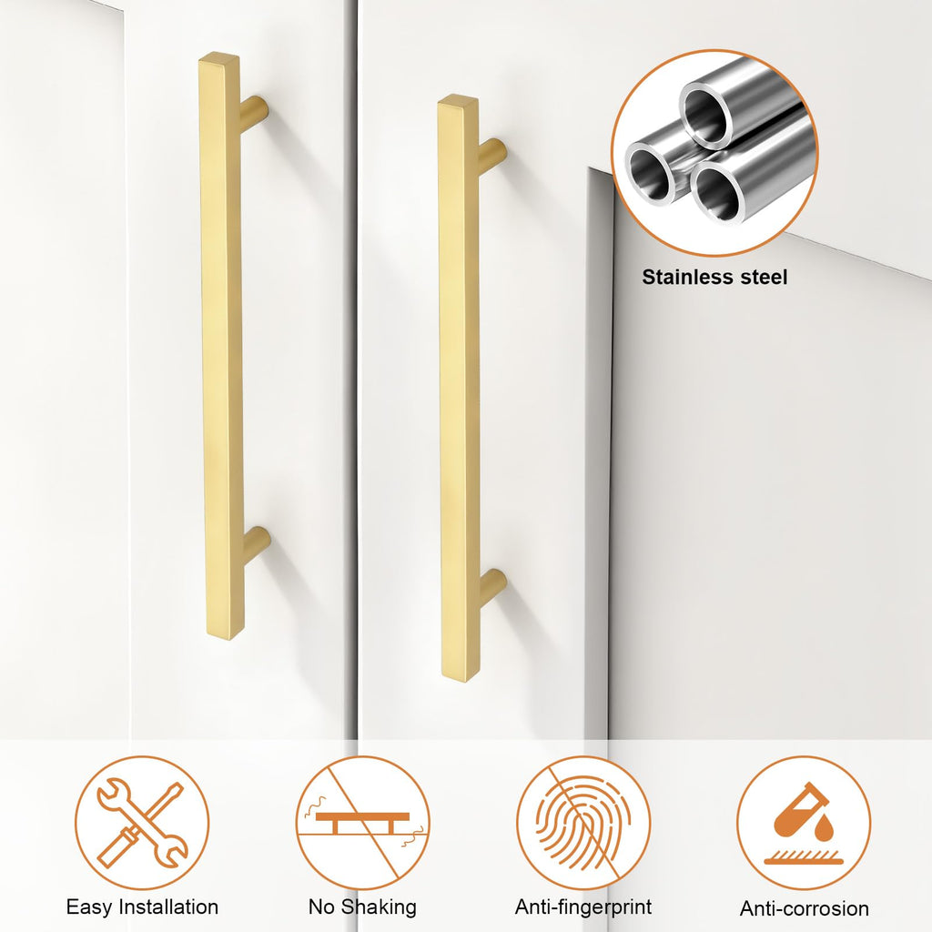 Brushed Brass Cabinet Pulls & Handles 7.5" CC Square 5 Pack