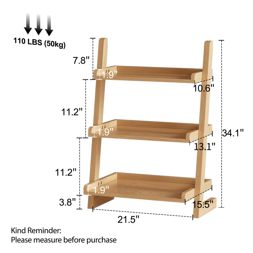 Solid Wood Ladder Shelf, Leaning Bookshelf, Natural, 3-Tier