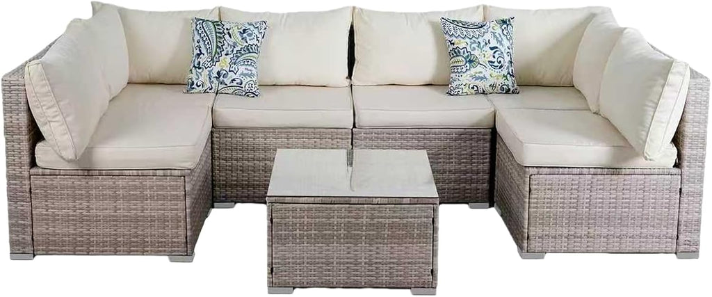 7 Piece Outdoor Patio Sectional Sofa Set, All-Weather Wicker Patio Furniture Set, with Tempered Glass Table and