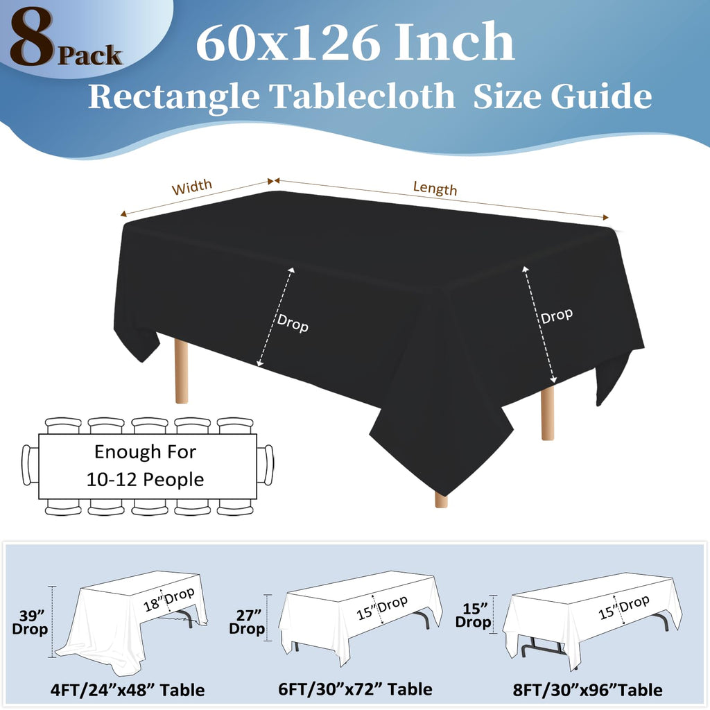 8 Pack 60 x 126 Inch Black Tablecloths for 8 Foot Rectangle Tables