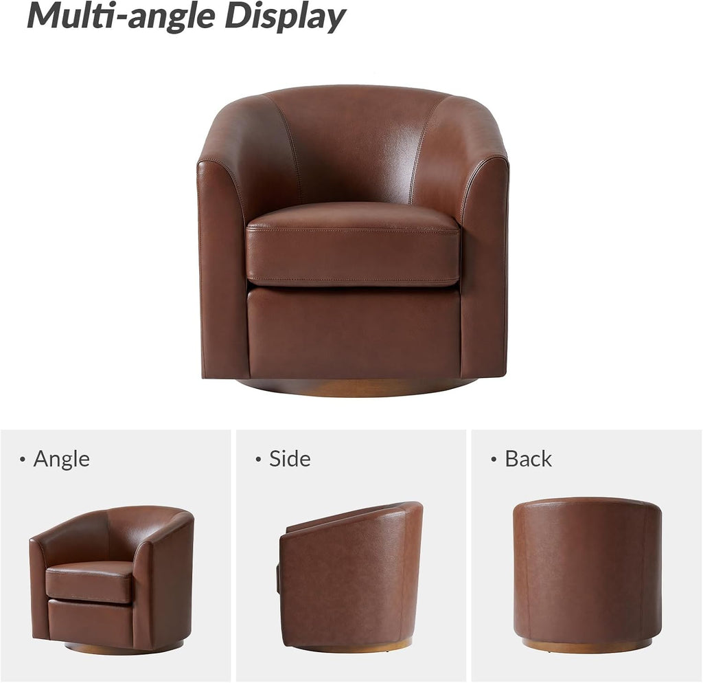Genuine Leather Swivel Barrel Chair with Solid Wood Base, Brown