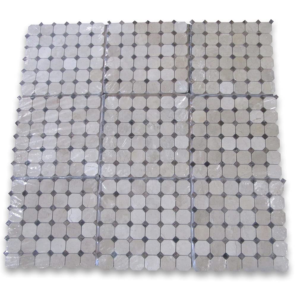 Crema Marfil Marble 2 inch Octagon Mosaic Tile w/Emperador Dark Brown Dots Polished Kitchen Bath Wall Floor