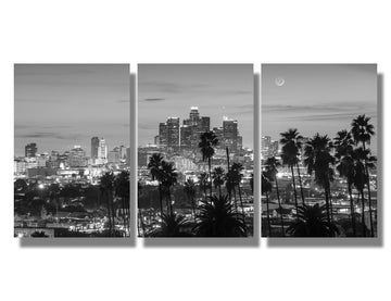3 Piece Black and White Wall, California Los Angeles Skyline Panorama at Dusk with Urban Skyscrapers Canvas Wall