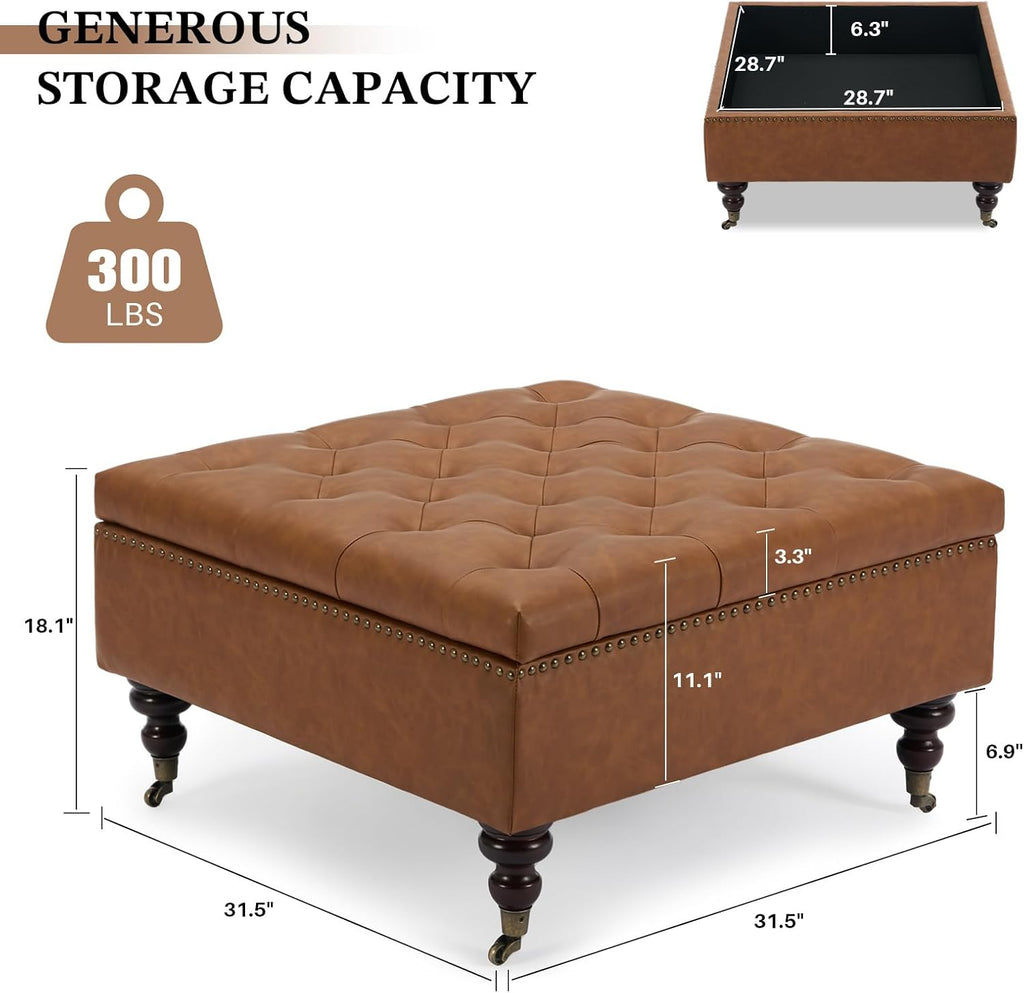 Square Ottoman Coffee Table, Large Leather Ottoman with Storage | Oversized Footstool, Wood Caster Wheels, Brass