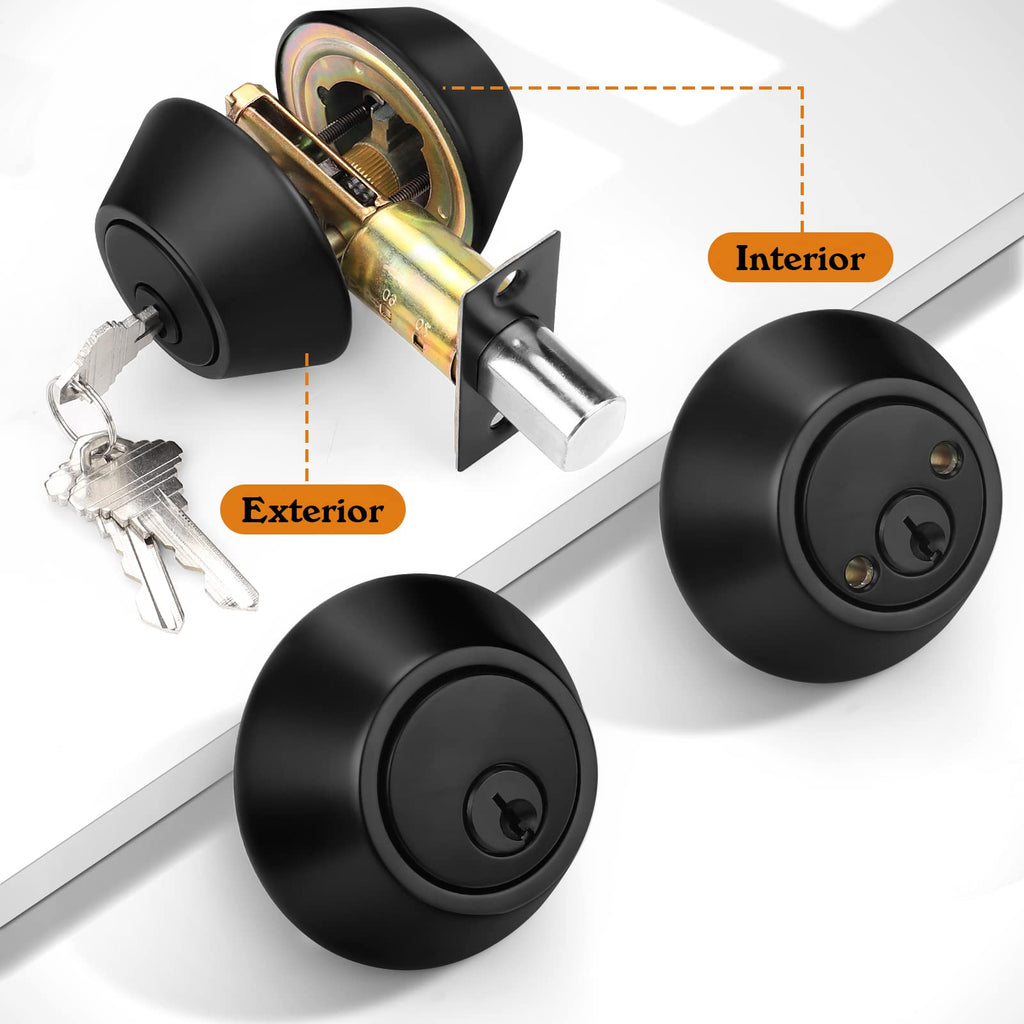2 Pack Black Double Cylinder Deadbolt Lock, Round Keyed Both Side Door Lock, Keyed Alike