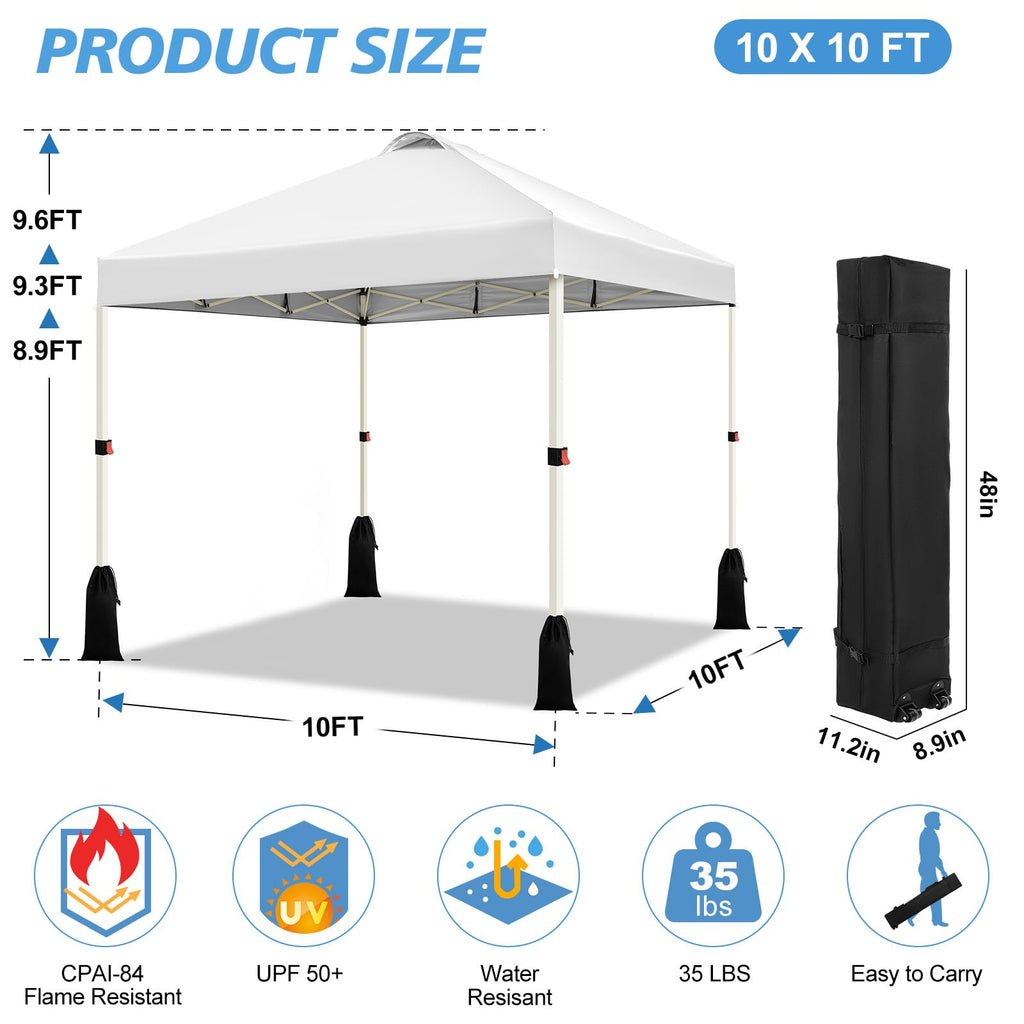 10x10 Pop Up Canopy Tent, 1-Button Push Setup Canopy Tent, Adjustable Height Instant Portable Shelter, Portable
