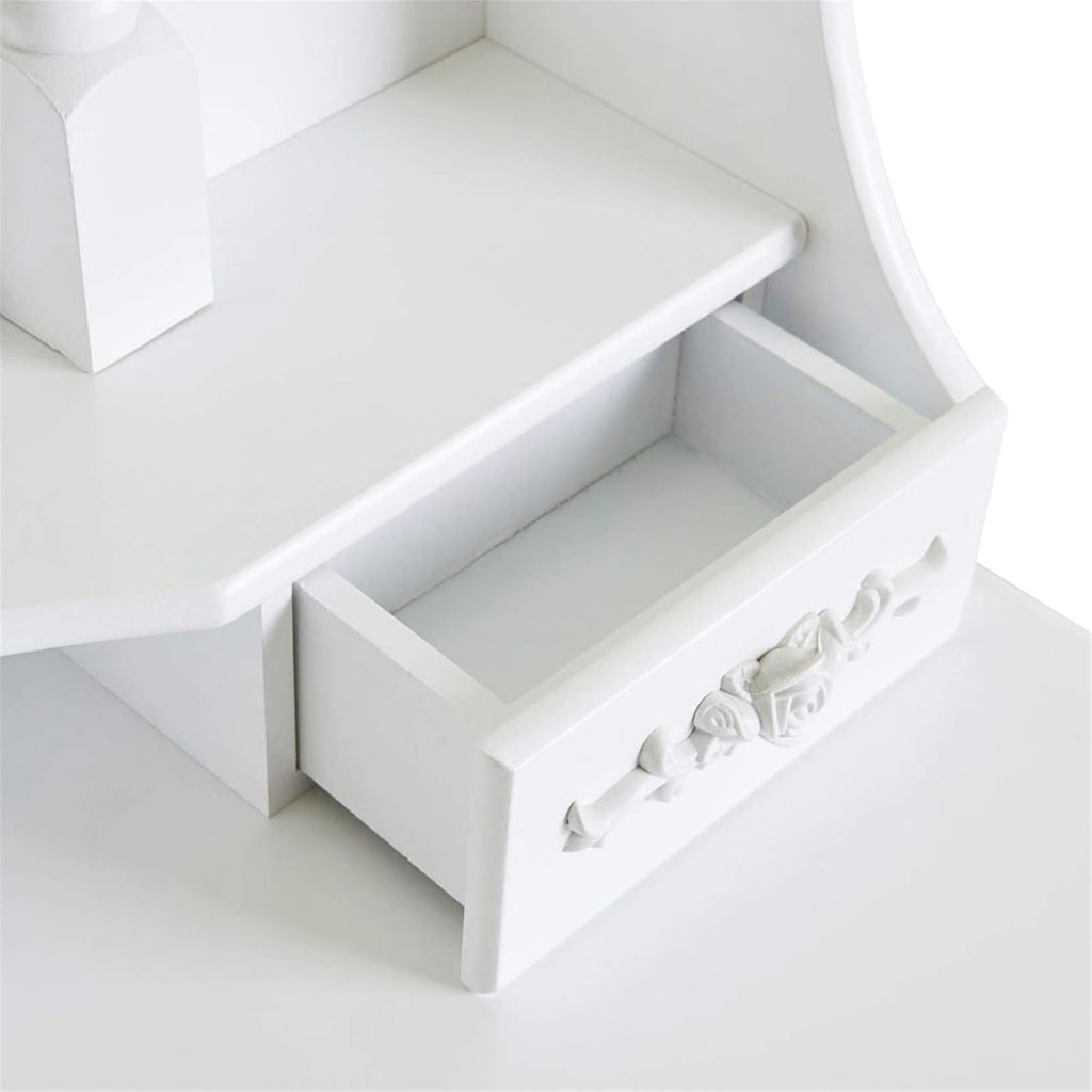 Vanity Table Set, 4 Drawers Makeup Table with Oval Mirror & Stool, Bedroom Wood Dressing Table White