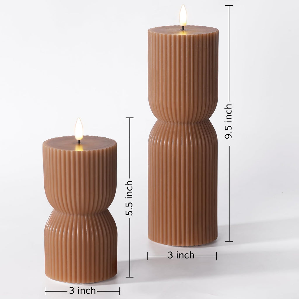 Brown Ribbed Fall Flameless Pillar Candles with Remote Set of 2