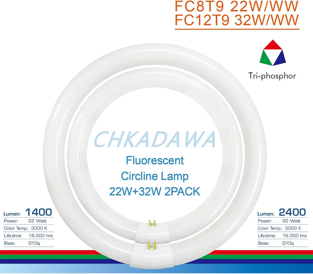 22W and FC12T9/KB 32W Warm White Set, Round Fluorescent 8 inch T9 22 Watts & Circular Light Bulbs 12 inch 32