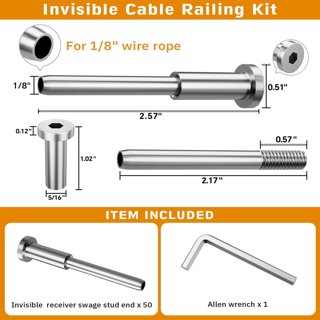 Invisible Cable Railing Kit - 50 Pack 1/8" T316 Stainless Steel Invisible Receiver Swage Stud End for 2"x2" Wood