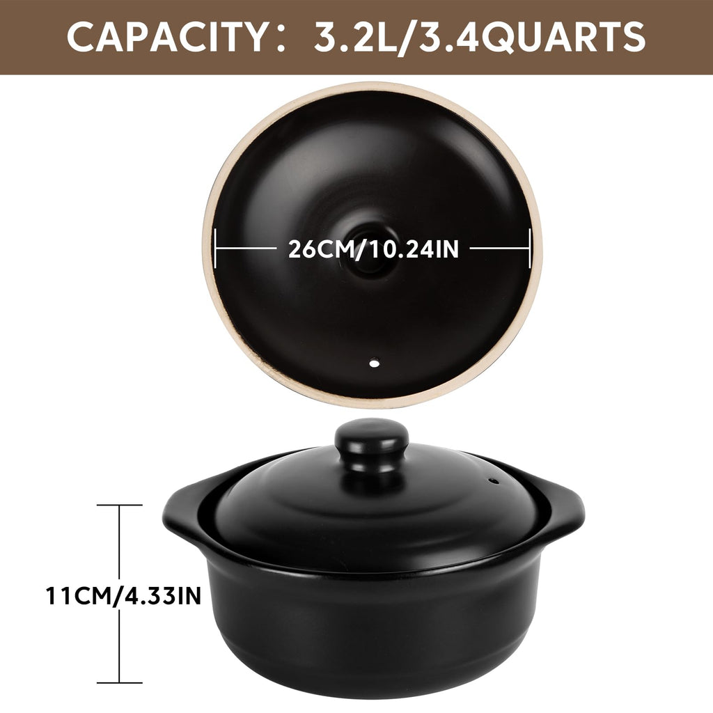 Ceramic Pots Casserole Soup Bowl with Lid Large Stock Clay Pot for Cooking (Black, 3.4 Quart)