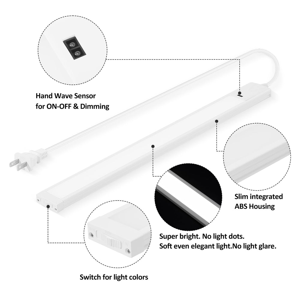Under Cabinet Light 16 Inch Plug in 110VAC. Hand Wave Activated. 8W LED Light Bar. Bright but Dimmable. Light Color
