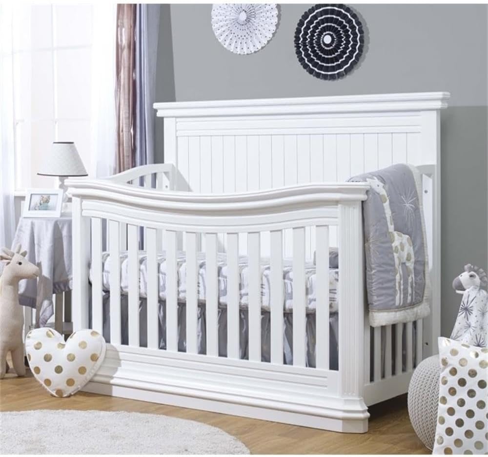 Modern Wood 4-in-1 Crib, White Finish, 47" H x 59" W x 32" D, Adjustable Mattress Heights, Converts to Toddler and