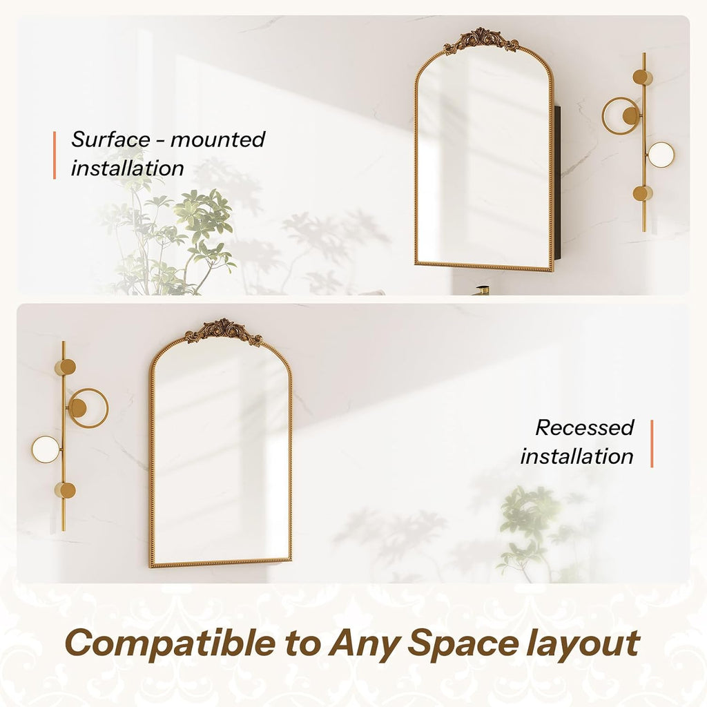 24x35 Vintage Bathroom Medicine Cabinet Mirror with Storage Gold | Easy Install Tempered Glass Mirror, Durable