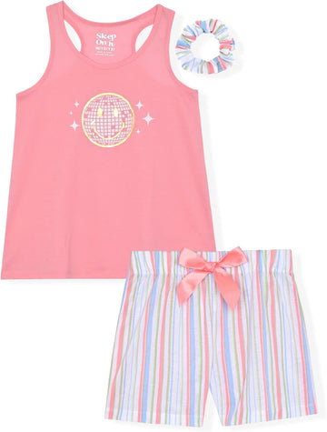 Girls Pajamas Short Sets 4 Piece Tank Top and Short Sleeve Summer Sleepwear for Kids (2 Full Sets)