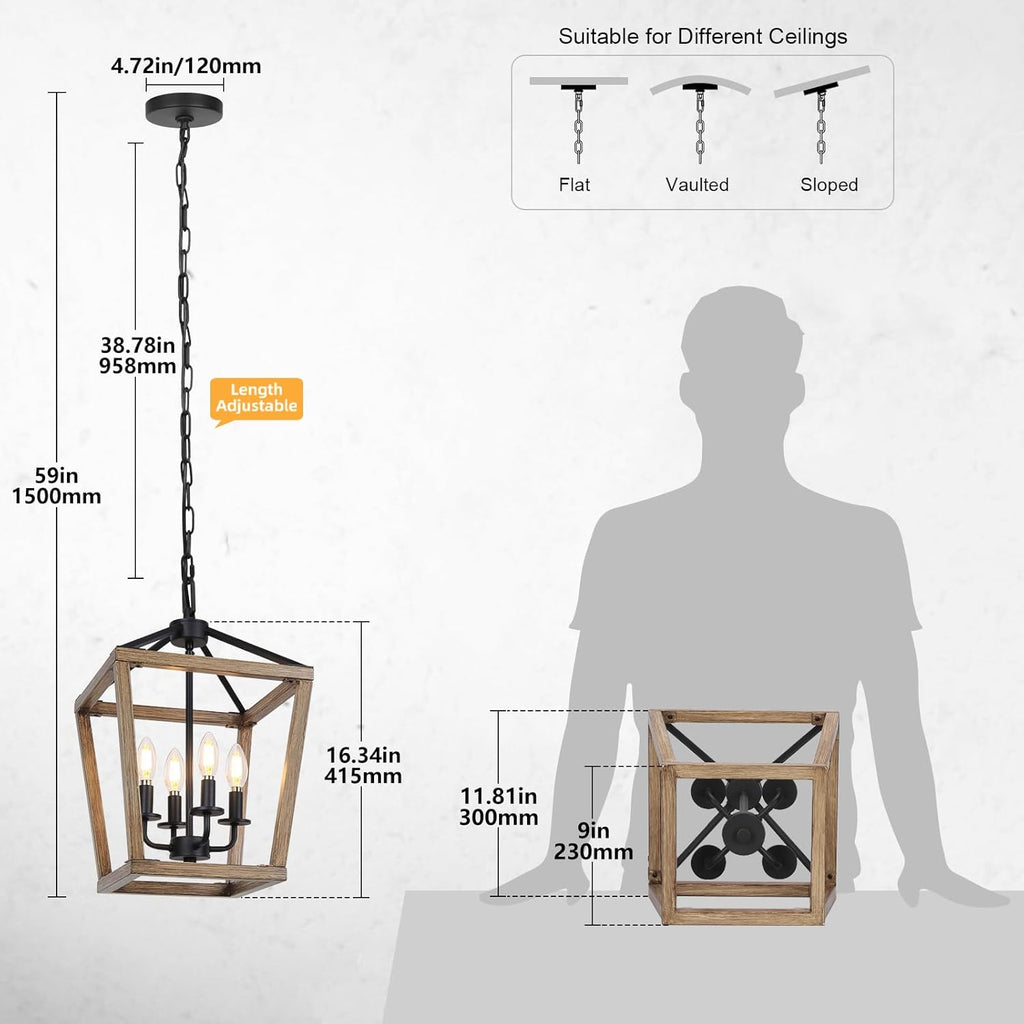 4 Light Farmhouse Chandelier, Rustic Ceiling Light Lantern Light Fixture with Wood Painted Metal Cage and Adjustable Chain, E12 Base Geometric Hanging Light Fixture for Entryway, Kitchen, Indoor A128-B0BGXDWP1X