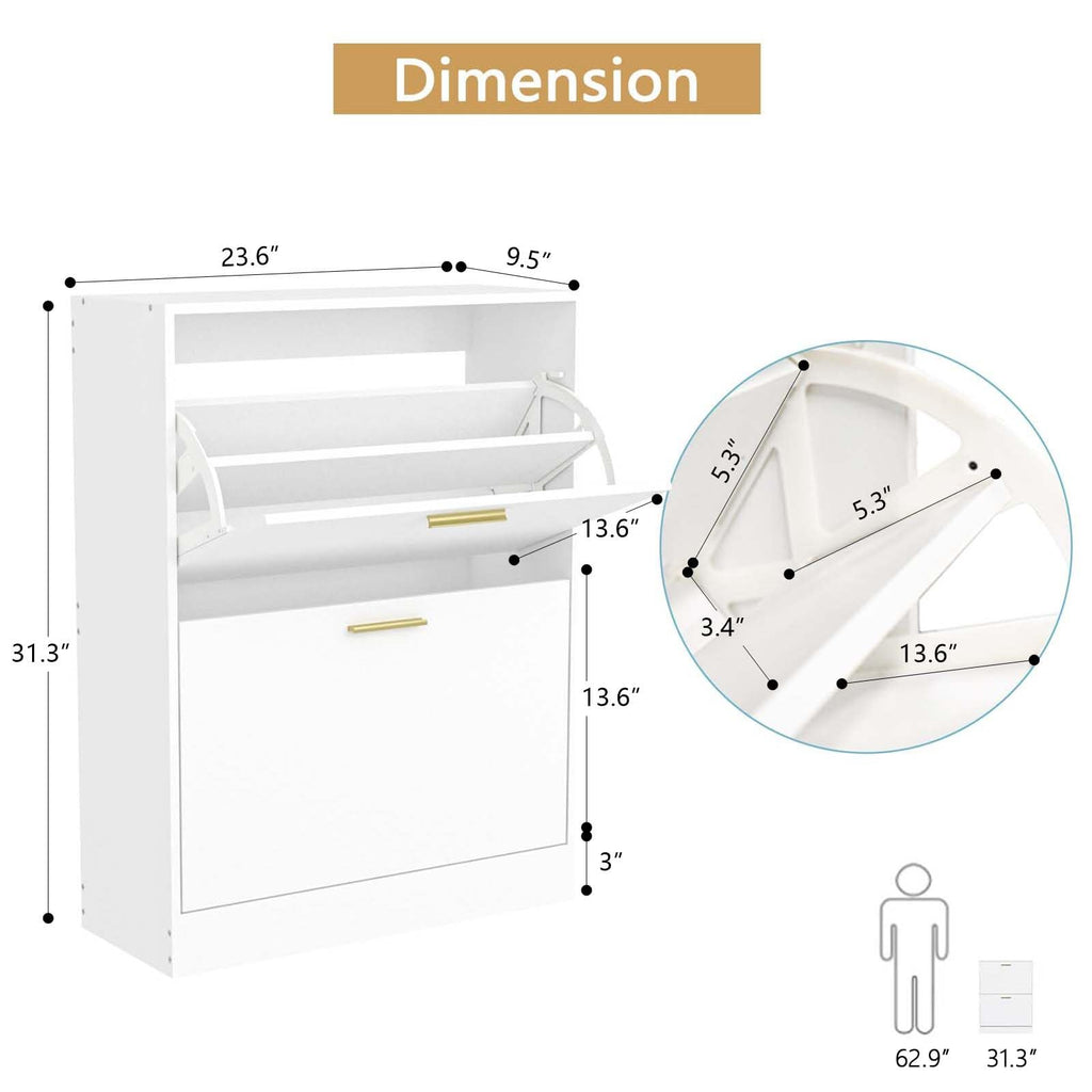 Modern Entryway Shoe Cabinet with 2 Flip Drawers and Top Display, White丨Free Standing Tipping Bucket Shoe Rack