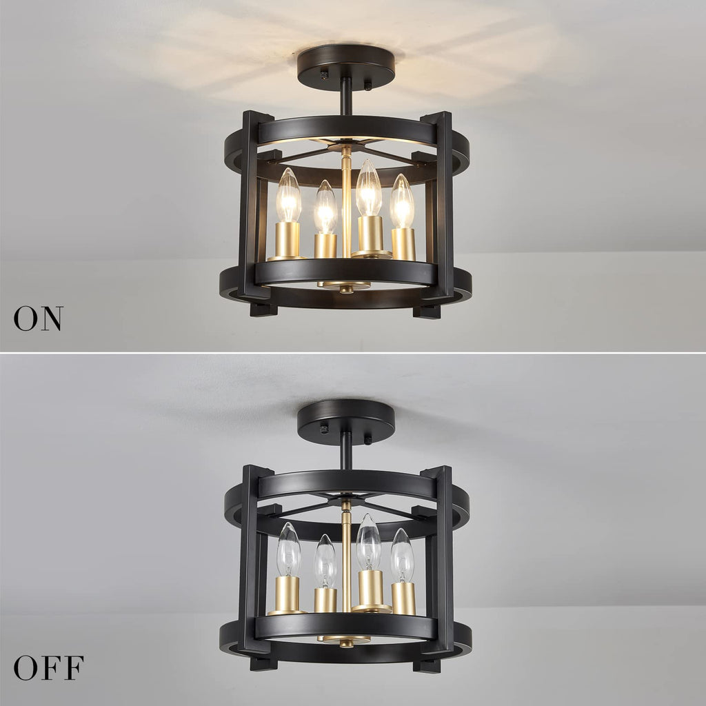 4-Light Semi Ceiling Light Flush Mount BK+GD Farmhouse Rustic Vintage Antique Ceiling Light Fixture Entryway Gazebo