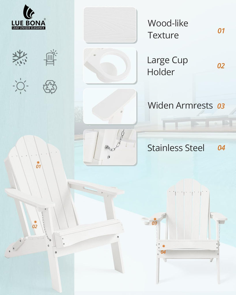 HDPE Folding Adirondack Chair, Cup Holder, Set of 2, White | HDPE poly lumber, folable, all-weather resistant, Low