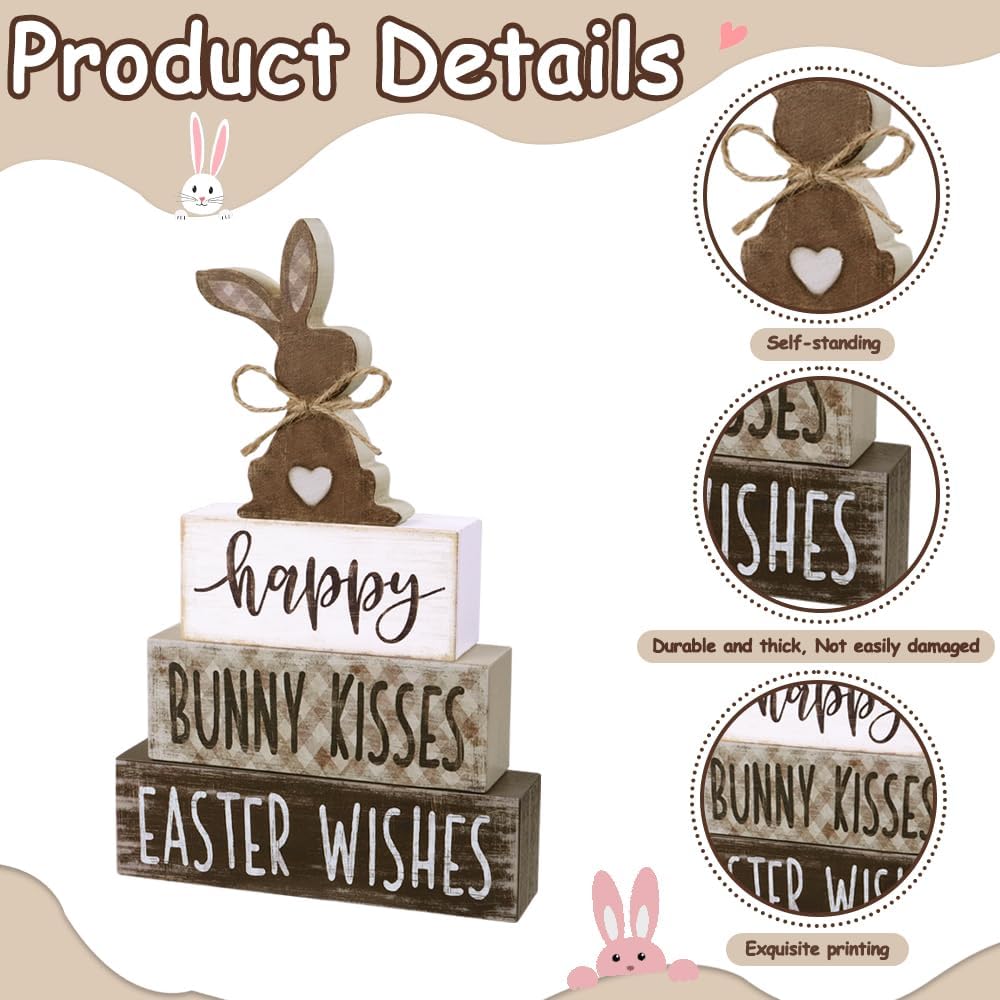 Easter Tabletop Decorations Bunny Wooden Block Signs Gift Rustic Tiered Tray Decor Happy Easter Centerpiece - Set of 4