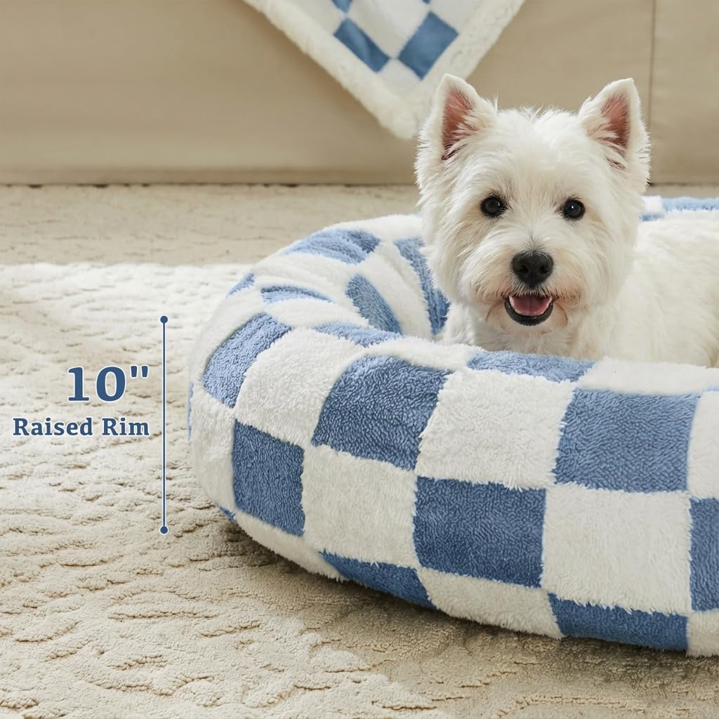 Checkered Dog Bed, Cute Blue Retro Style Aesthetic Round Warming Pet Calming Beds for Small Dog and Cats, Plush Cozy