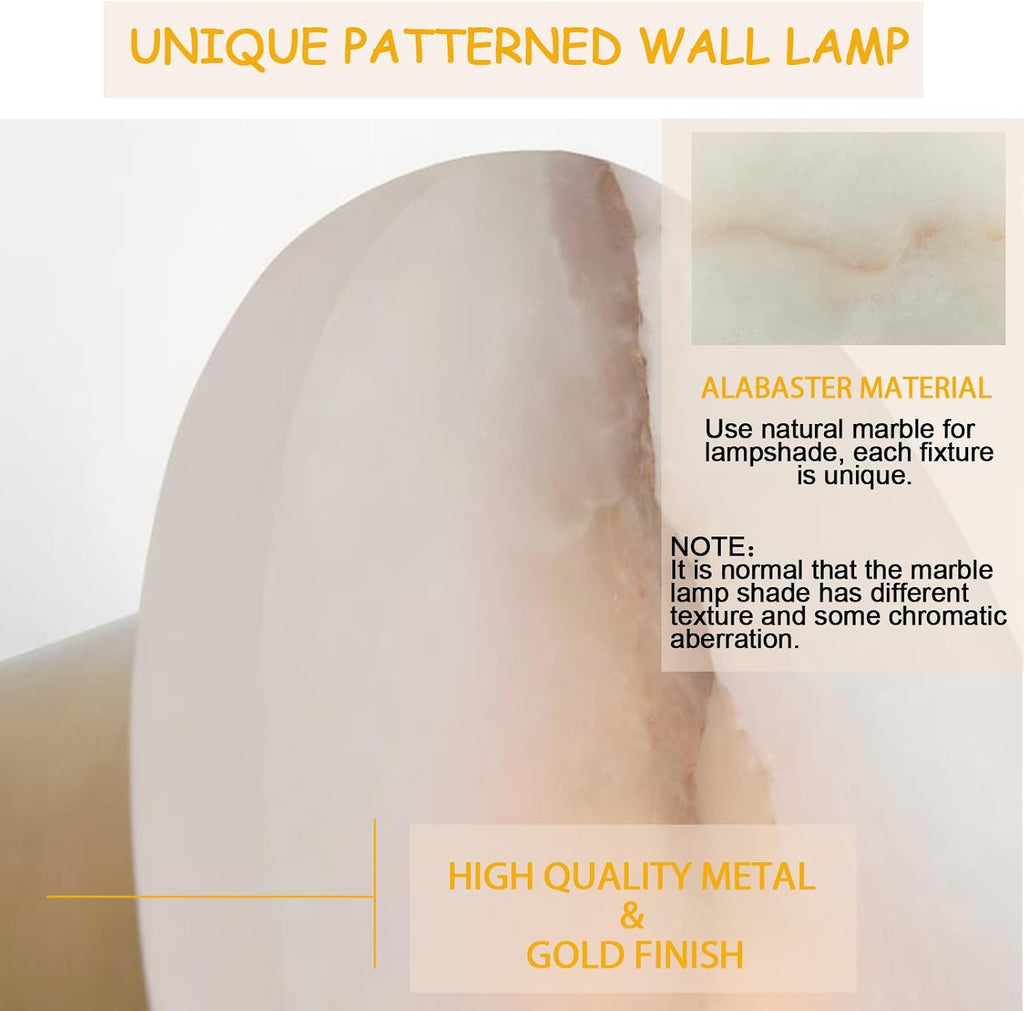 Gold Modern Wall Sconces for Bathroom, 1-Light Alabaster Sconce Wall Light Fixture for Bedroom, Unique Sconce