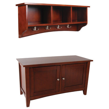 Shaker Cottage Cherry Storage Coat Hook and Bench Set, Entryway Organizer with French Cleat System, Dual Compartment