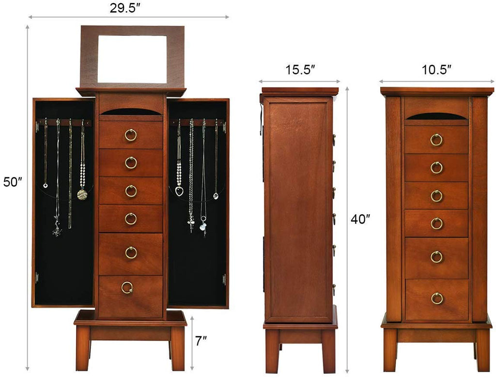 6 Drawers Jewelry Armoire Cabinet, Standing Jewelry Storage Chest with Mirror, 8 Necklace Hooks Wooden Jewelry