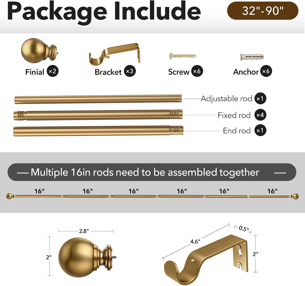 Brush Gold Curtain Rods for Windows 32 to 90 Inch, 1 Inch Brass Heavy Duty Curtain Rods Adjustable and Easy