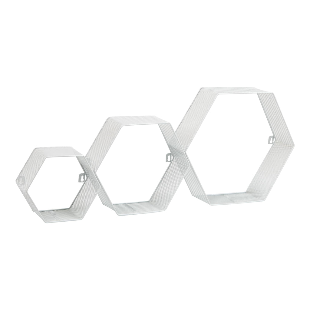 Hexagon Floating Shelves, Wall Decor, Honeycomb Accent Shelf, Office, Metal Mesh, 14" L x 4" W x 12" H, Set of 3