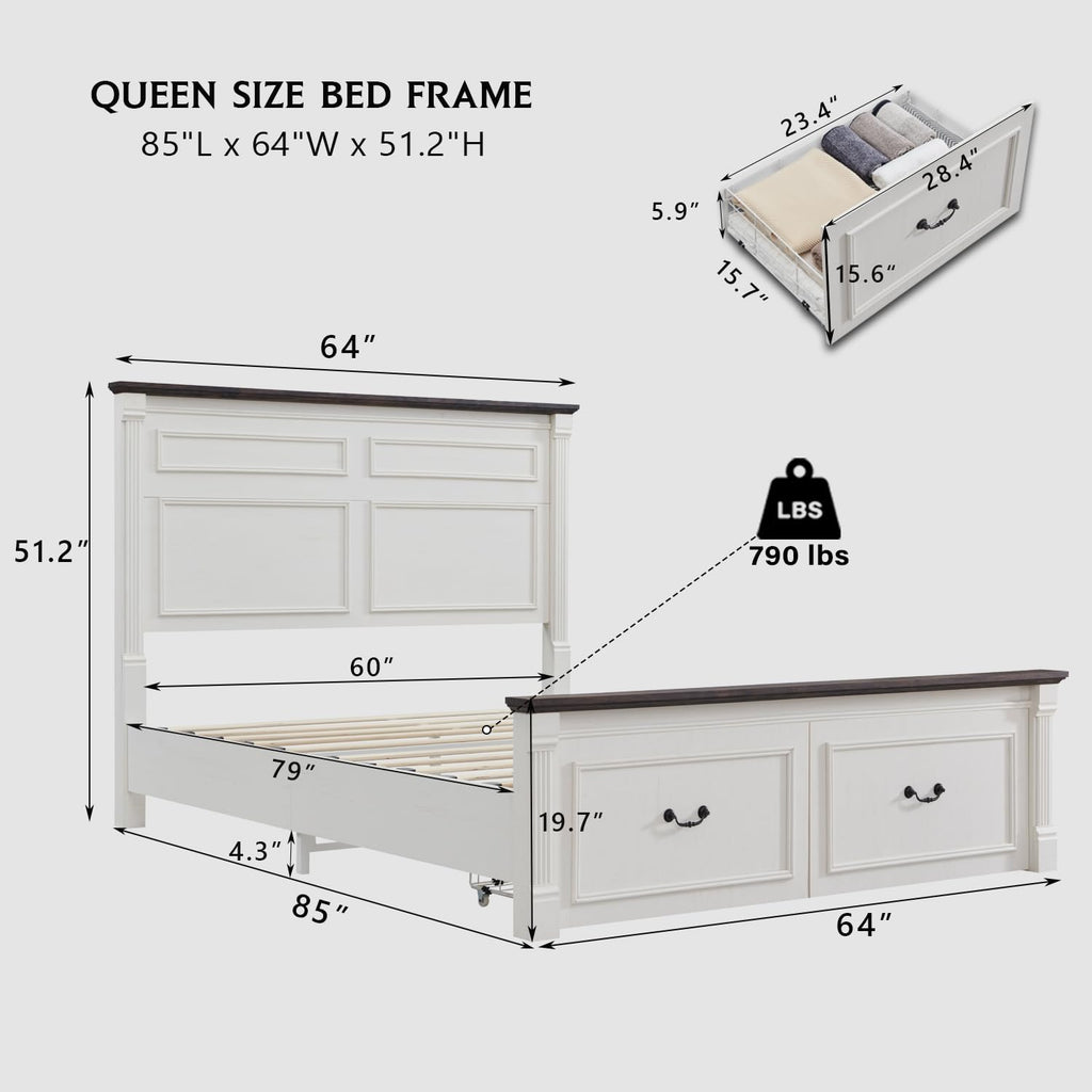 Farmhouse Bed Frame w/51 Tall Headboard, Antique White