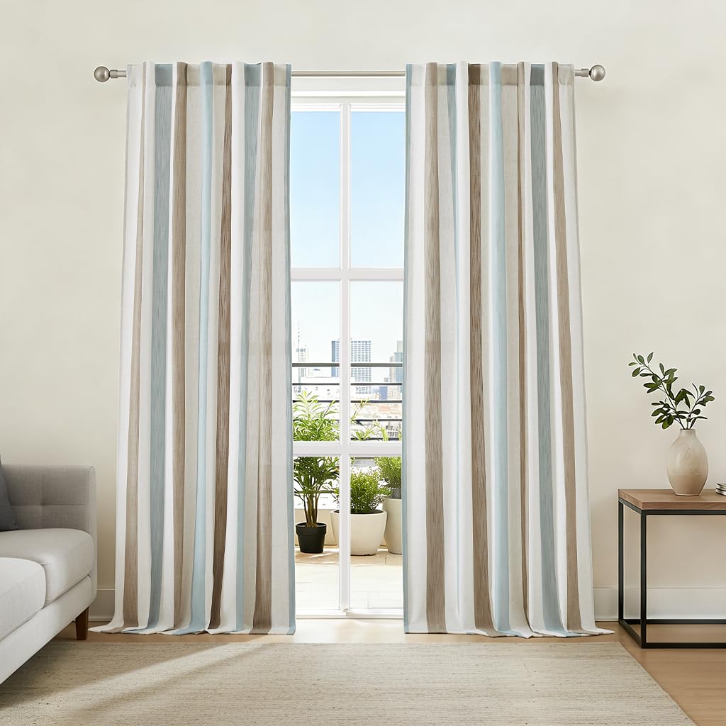 Linen Stripe Curtains Brown and Aqua 40"Wx95"L 2 Panels