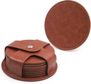 PU Leather Coaster with Holder, Durable and Non-Slip Coaster for Protection Tabletop, Wooden Table, Desk, Bar - Set of 8