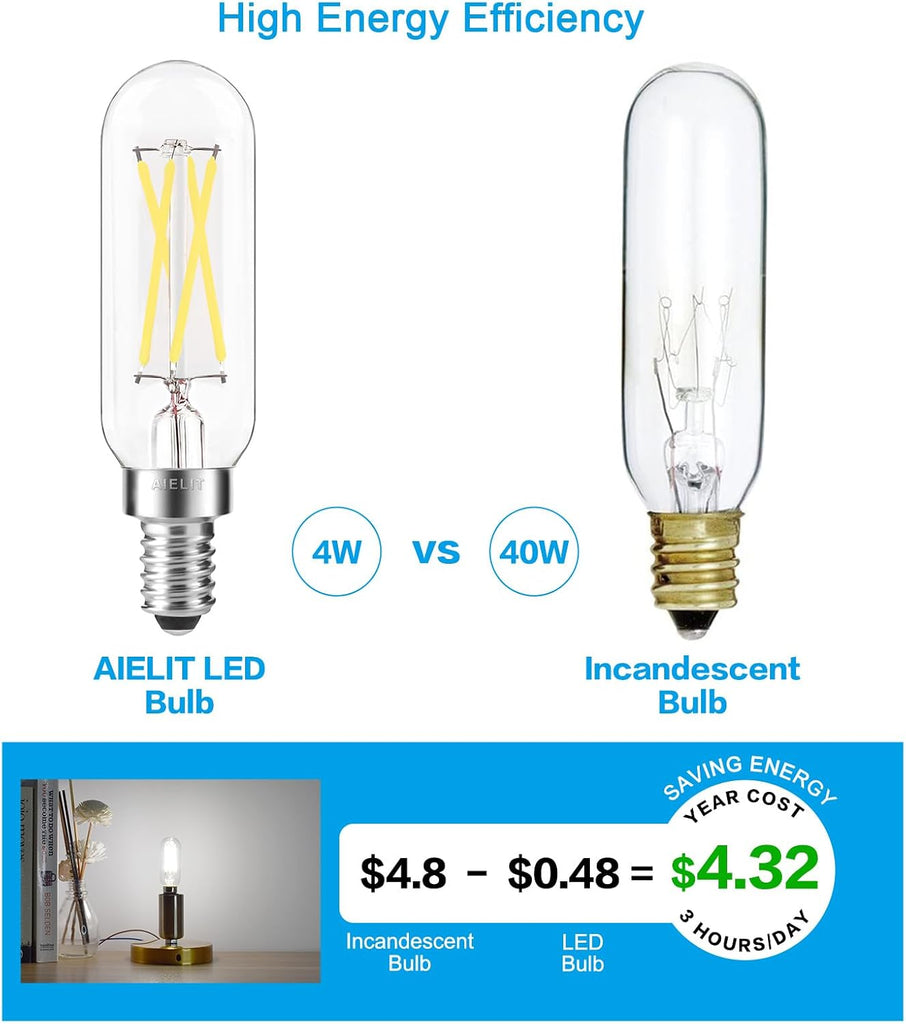 E12 LED Light Bulbs 40-Watt Equivalent, Natural White 4000K, Clear Glass, Tubular 4W Dimmable LED Filament
