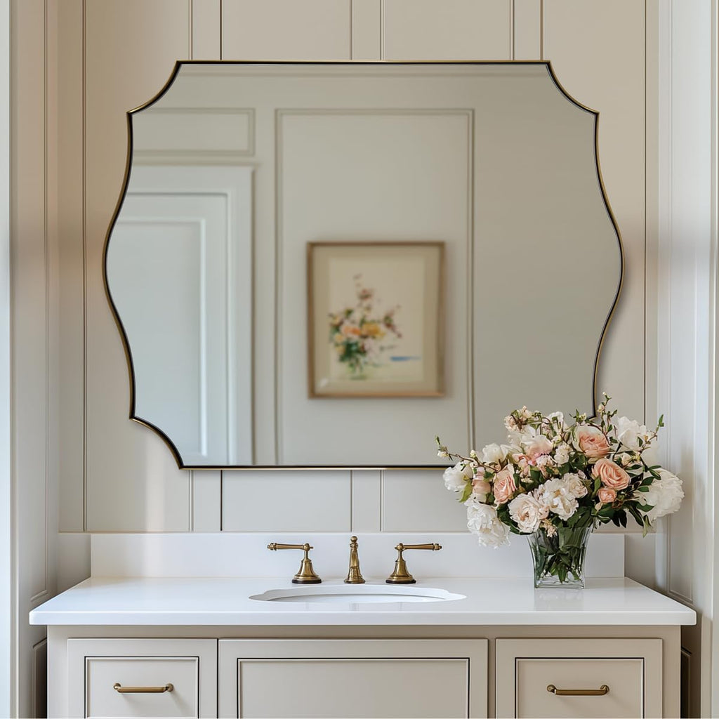 Bathroom Mirror, 28x36 Inch Brushed Gold Vanity Mirror, Stainless Steel Metal Frame with Sophisticated Curved Design