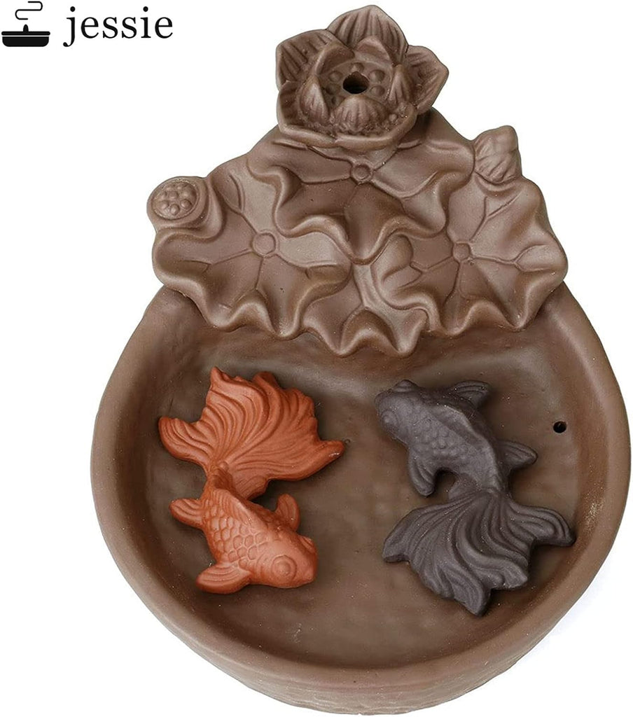 Two Fishes Ceramic Purple Clay Smoke Backflow Incense Cone Sticks Burner Holder - Set of 53