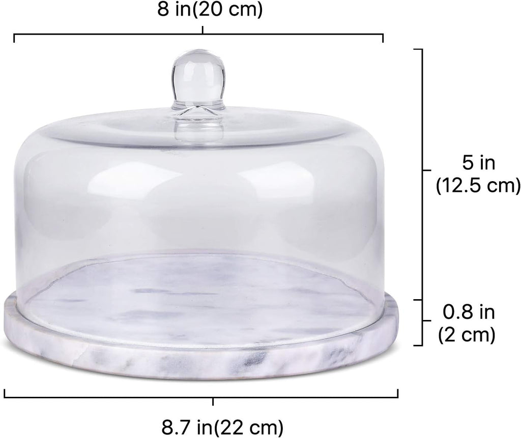 Marble Cake Stand with Glass Dome Lid, 8.7-Inch Serving Plate
