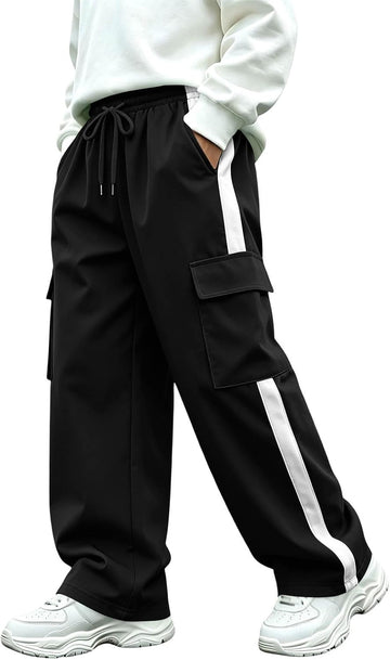 Boys Cargo Pants Baggy Wide Leg Elastic Waist Drawstring Chino Husky Pants