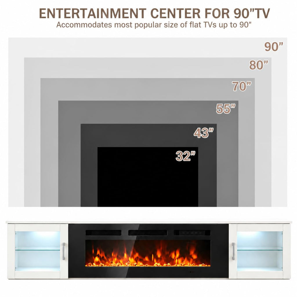 80" Floating TV Stand with 36" Electric Fireplace, White & Black