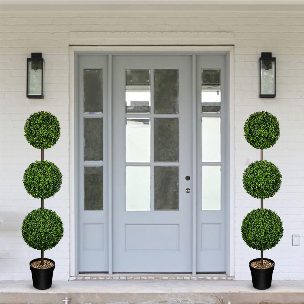 4.1FT Large Triple Ball Topiary Trees Artificial Outdoor Trees for Porch UV Resistant Pre-Potted Shrubs Boxwood