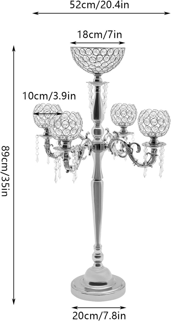 5 Arm Crystal Candelabra Centerpieces, Silver Tall Floor Crystal Candelabra w/Flower Vase for Centerpieces 20.4 *
