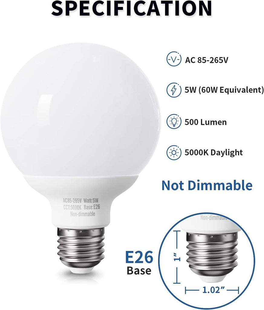 Daylight LED Globe Light Bulbs, 60 watt Equivalent, E26 Base
