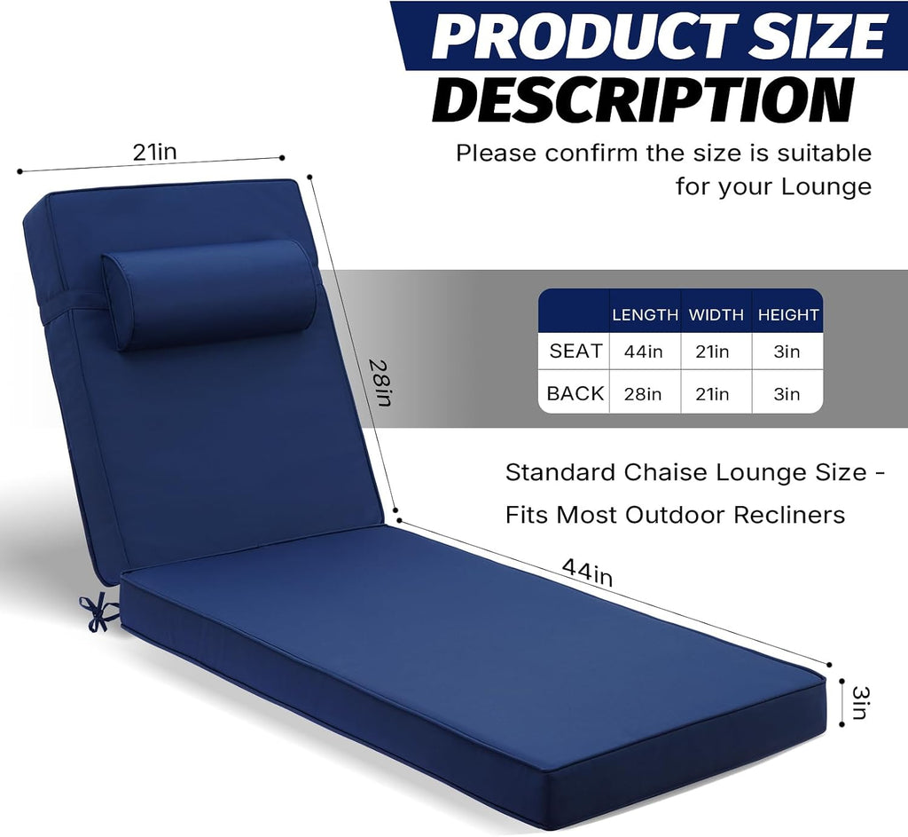 Outdoor Chaise Lounge Cushion, Blue, 72 x 21 x 3 in | Waterproof Fade-resistant Lounge Chair Cushion, 25D Foam