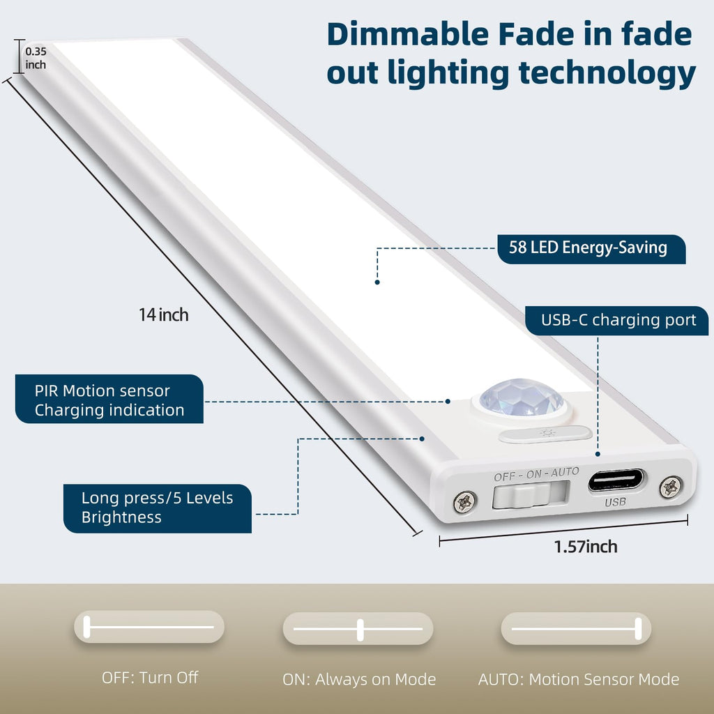 Dimmable Under Cabinet Lighting, Wireless Motion Sensor Light, 5 Pack