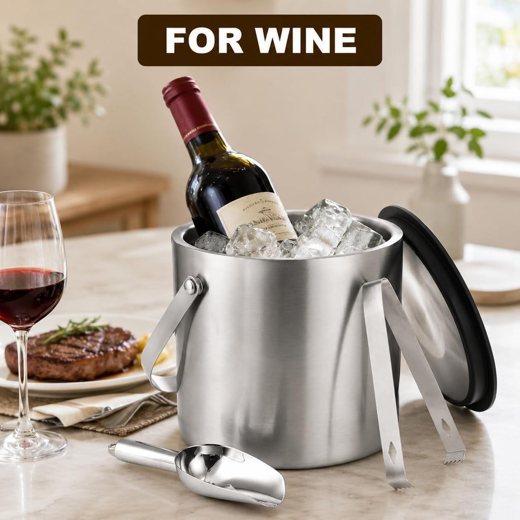3L Double-Wall Stainless Steel Ice Bucket with Lid,Ice Scoop & Tongs,100oz - Set of 4