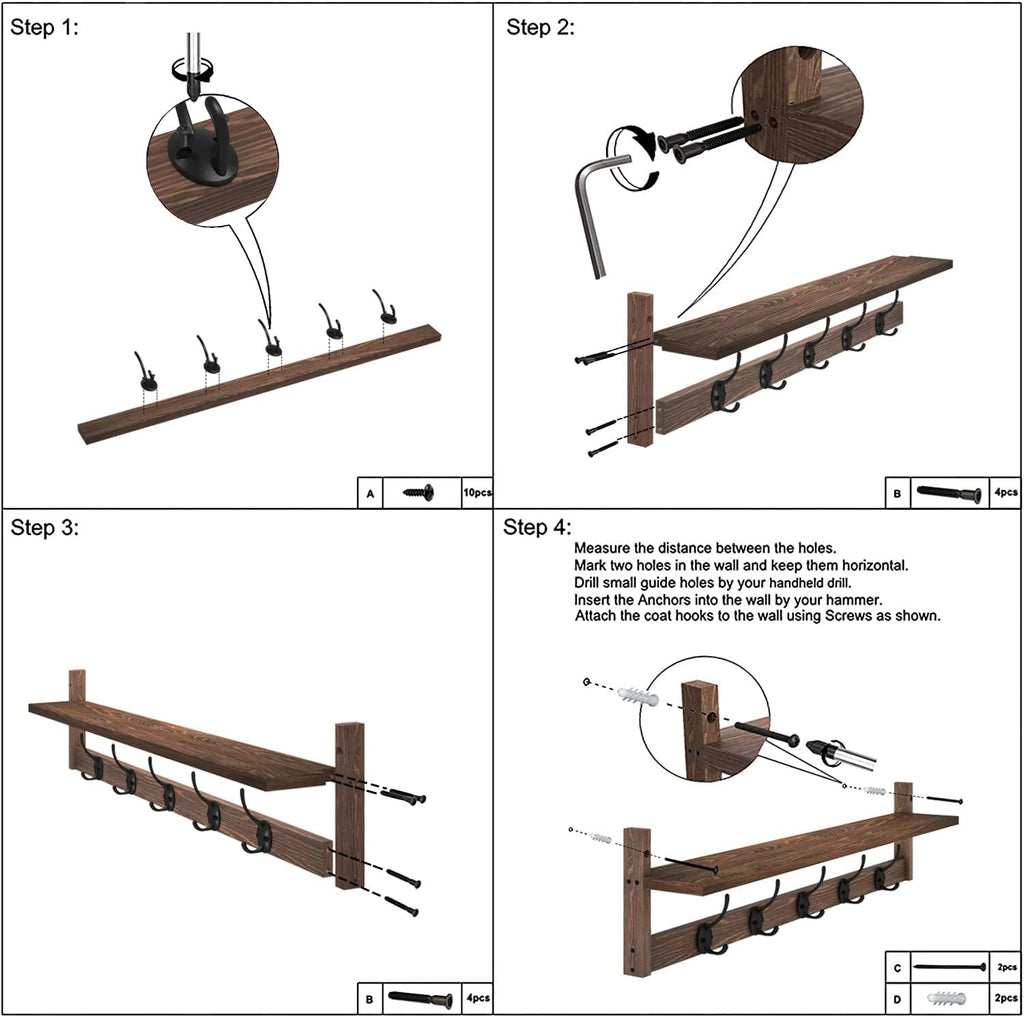 28.9 Inch Length Shelf with Hooks Entryway Coat Rack Wall Mount Wood Coat Hooks with Shelf Wall-Mounted Coat Hook
