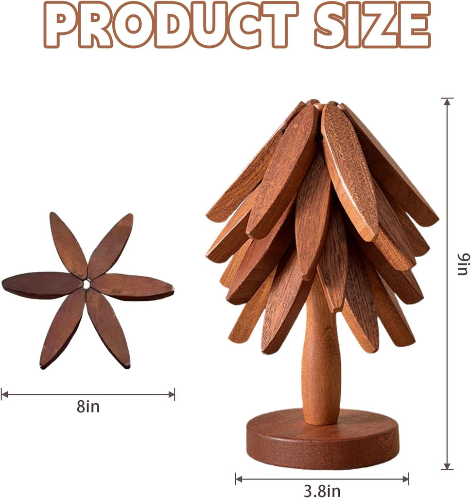 Wooden Trivets for Hot Dishes, Tree Shape Trivet Set, 4 Walnut Wood + 1 Stand stored Like a Christmas Tree,Foldable - Set of 5