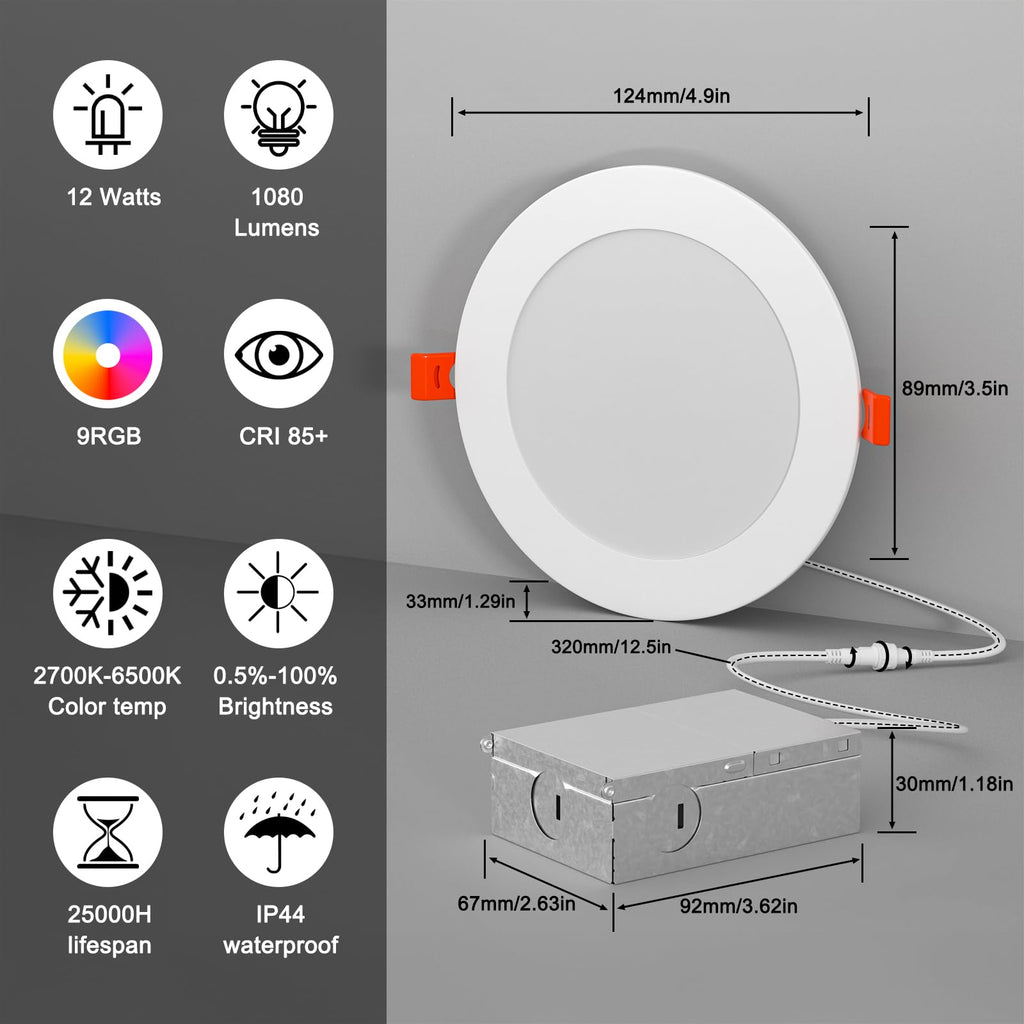 Recessed Lighting 4 Inch RGBCW Color Changing 12W LED Downlights with Junction Box,1080Lumens Canless LED Recessed