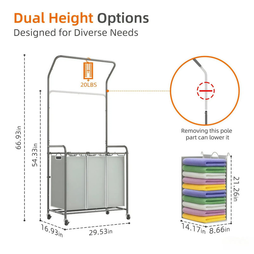 Laundry Sorter Hamper with Hanging Bar, 3 Section Laundry Cart